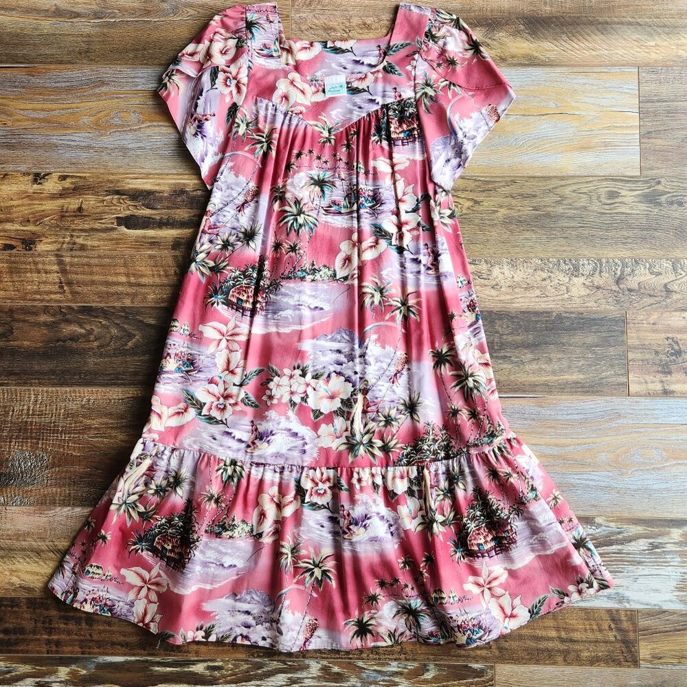 Jade Fashions Tropical Beach Hawaii MuuMuu Tiered Midi Dress Lap-Over Sleeve